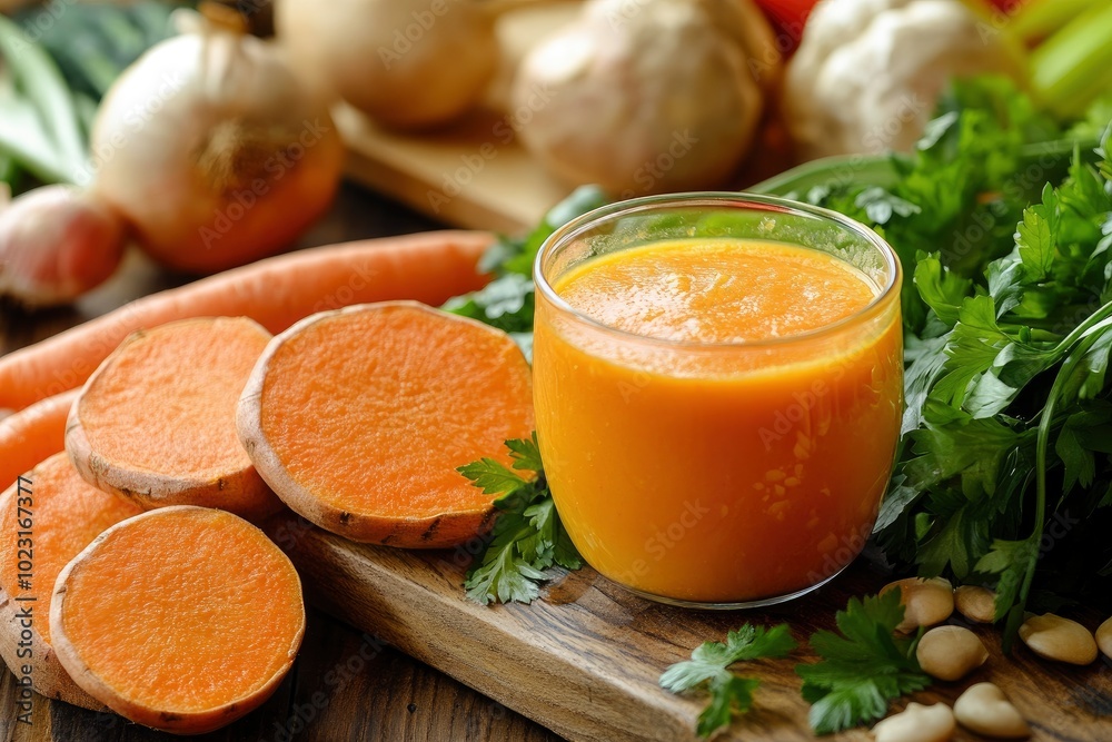 Vibrant sweet potato detox soup with assorted veggies, a nutritious choice for a healthy lifestyle - generative ai Vibrant sweet potato detox soup with assorted veggies, a nutritious choice for a healthy lifestyle - generative ai