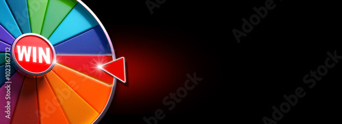 Extreme close-up of a multi colored wheel of fortune against a black and red background with copy space, in the center of the wheel the writing WIN. Empty wide banner. Generative Ai.