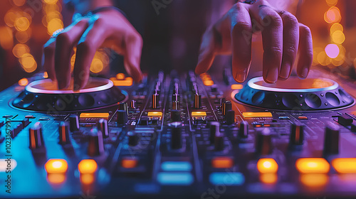 A DJ mixes music on a turntable console while performing a live set at a night club. A Disc Jockey hands a sound mixer station at a club party.