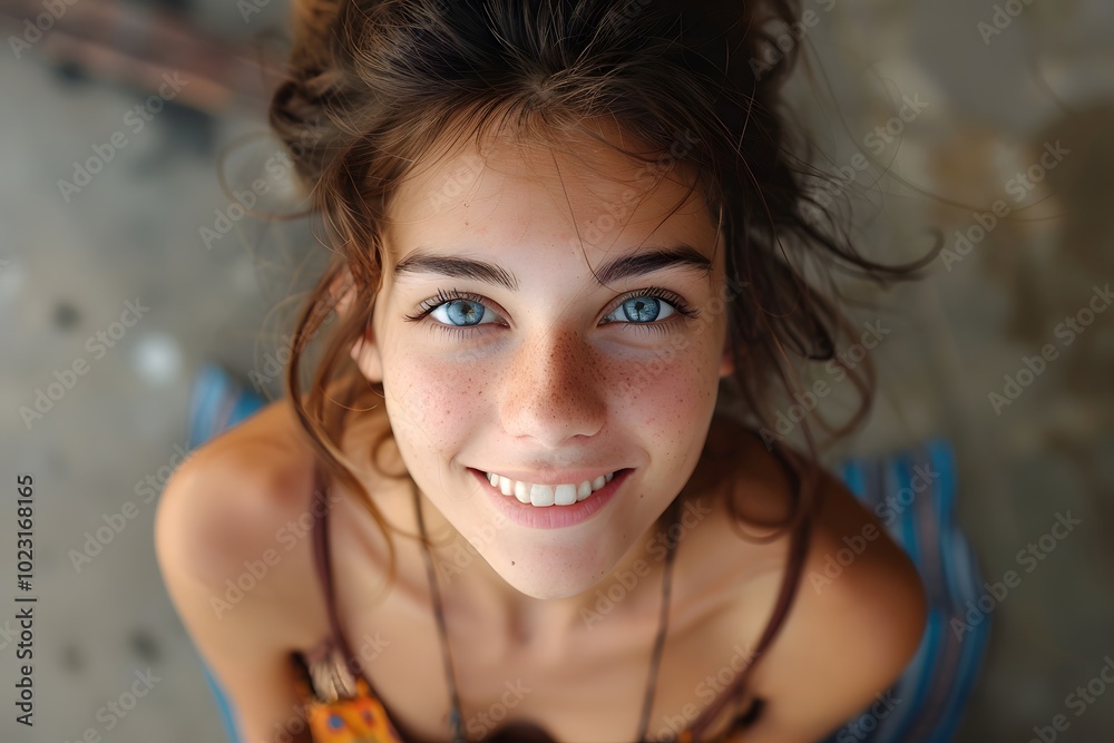Joyful Portrait of a Young Girl with Bright Blue Eyes and Freckles Joyful Portrait of a Young Girl with Bright Blue Eyes and Freckles