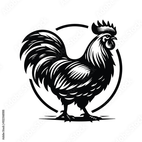 Silhouette of a rooster standing in grass, depicted in a vector style, showcasing a striking contrast against the background photo