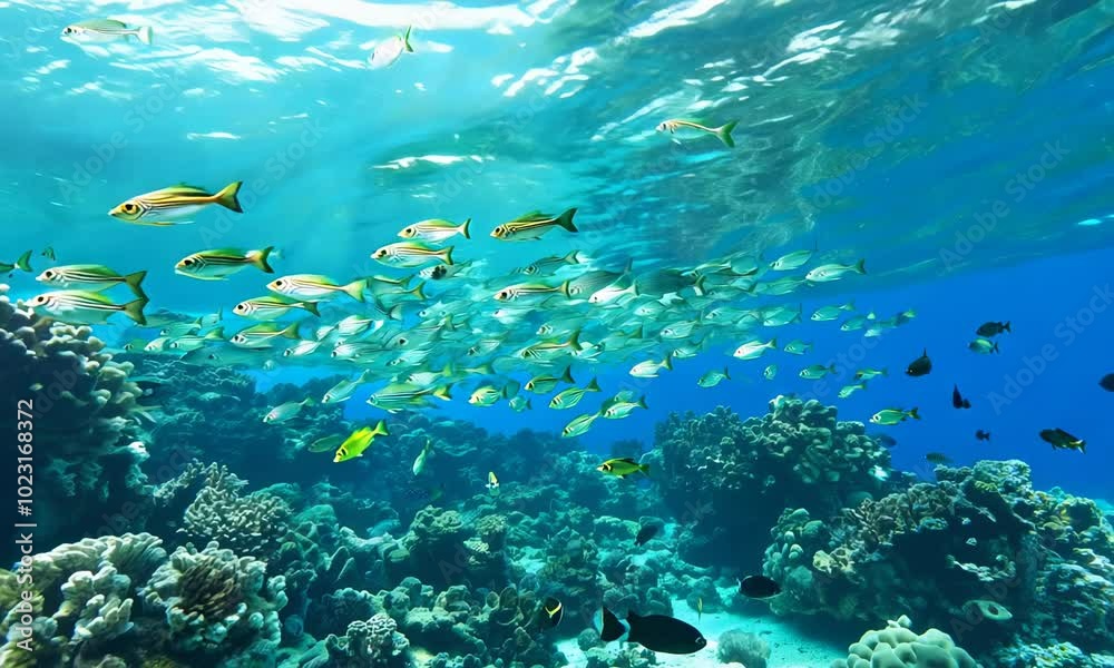 A school of fish swimming over a colorful coral reef in crystal clear blue water. A school of fish swimming over a colorful coral reef in crystal clear blue water.