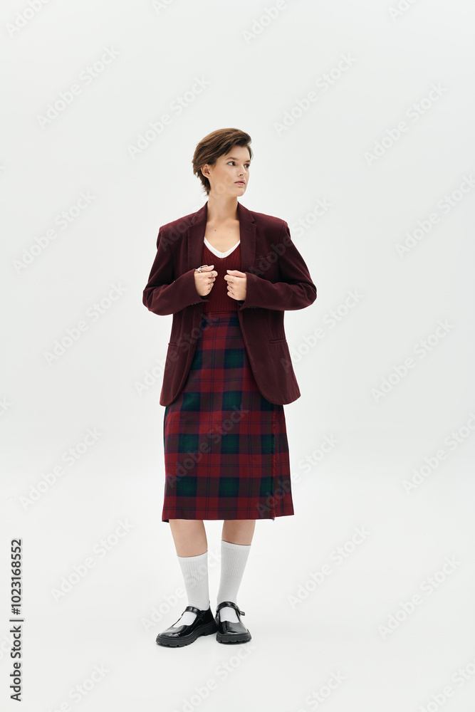 A beautiful woman stands confidently in elegant winter wear, radiating comfort and style. A beautiful woman stands confidently in elegant winter wear, radiating comfort and style.