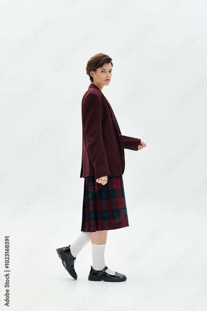 A stylish woman showcases chic winter clothing in an elegant pose, exuding warmth and charm.