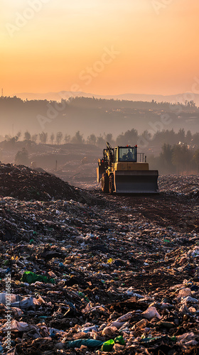 Large Landfill Site with Operational Machinery at Dawn photo