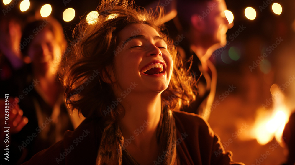 Young woman celebrating around bonfire. Young woman celebrating around bonfire.