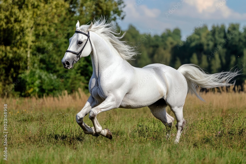 White horse galloping background - generative ai White horse galloping background - generative ai