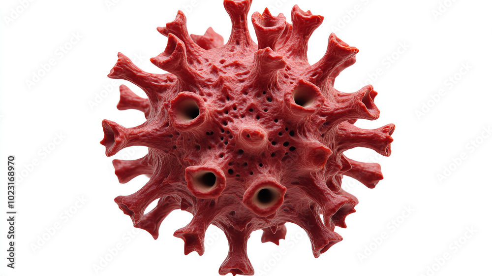 A detailed, close-up view of a red virus model, showcasing its unique structure and biology