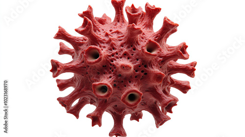 A detailed, close-up view of a red virus model, showcasing its unique structure and biology photo