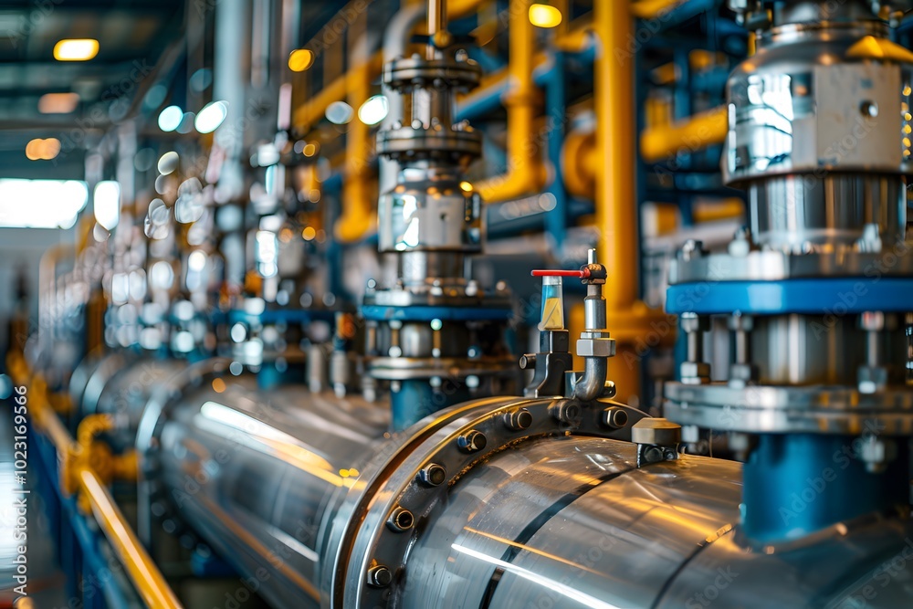 Industrial Pipeline System with Valves and Connectors in a Modern Facility Industrial Pipeline System with Valves and Connectors in a Modern Facility