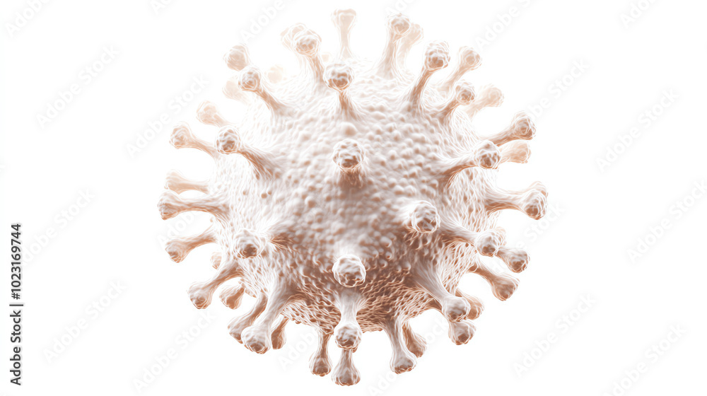 Detailed illustration of a virus structure, depicted in realistic style on a white isolated background, showcasing the unique features of its spikes and body. Detailed illustration of a virus structure, depicted in realistic style on a white isolated background, showcasing the unique features of its spikes and body.