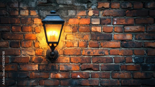 A charming gas light casts a gentle glow on an old brick wall, creating a nostalgic atmosphere, ideal for vintage or urban-themed imagery.