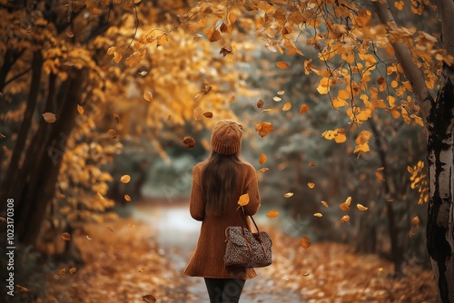 A woman in a coat and hat walks down a path, surrounded by swirling autumn leaves in a golden setting.