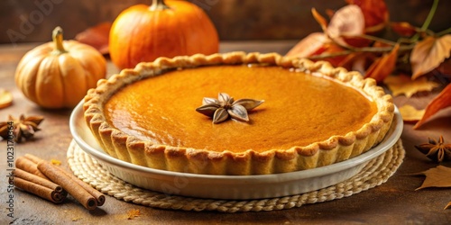 Deep dish pumpkin pie with a spicy fragrant filling and golden crust on warm, Pumpkin, Pie, Deep dish, Spicy, Fragrant