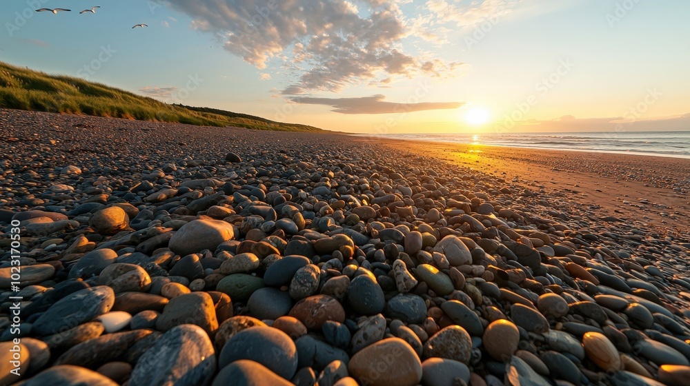 Obraz premium Serene Beach Sunset with Colorful Pebbles