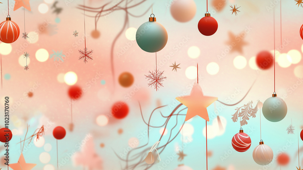 Christmas ornaments, stars, and tinsel, with a soft and glowing winter background , whimsical illustration art style Christmas ornaments, stars, and tinsel, with a soft and glowing winter background , whimsical illustration art style