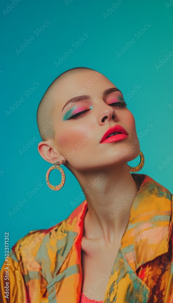 Stylish woman with bold earrings, shaved head, and vibrant makeup, posing with a quirky expression in front of a bright solid color background