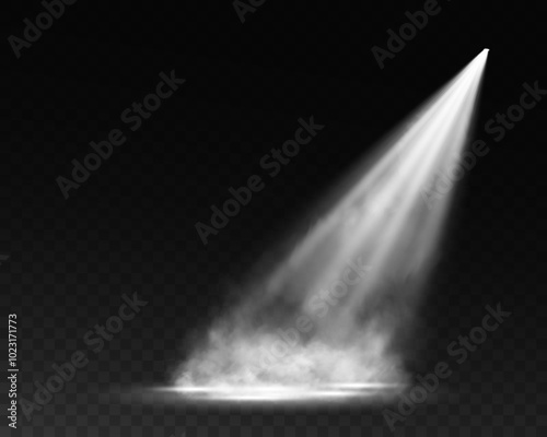 Dark stage on transparent background, white light from spotlight, empty dark stage and studio room with floating smoke. For product demonstrations.	