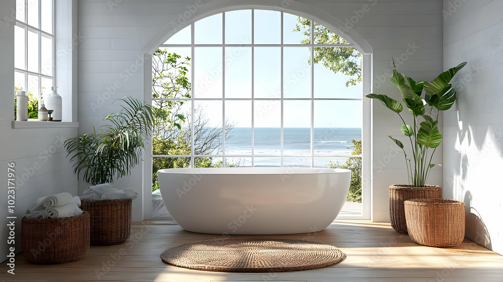 Modern bathroom with large window overlooking the ocean. Modern bathroom with large window overlooking the ocean.
