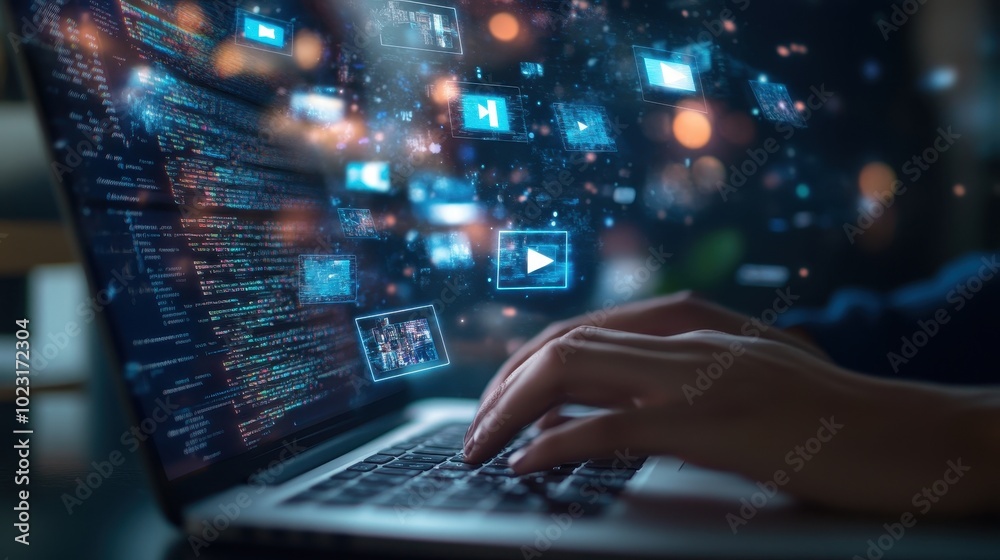Hands Typing on Laptop with Glowing Play Buttons and Code Hands Typing on Laptop with Glowing Play Buttons and Code