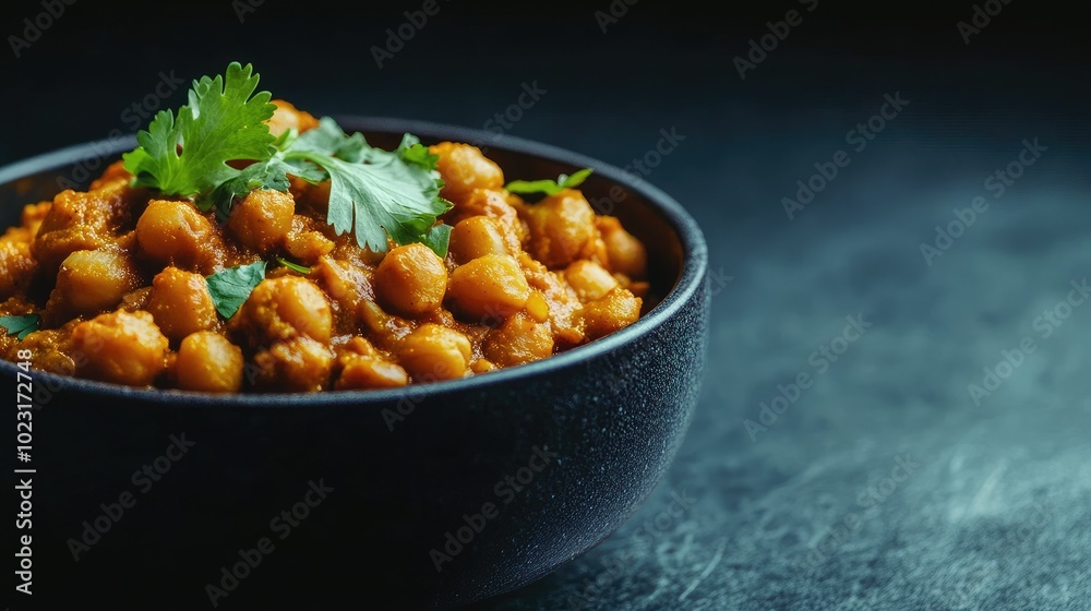 A deliciously presented bowl of chana masala, topped with fresh cilantro, against a dark slate backdrop, highlighting the warm spices of Indian cuisine. A deliciously presented bowl of chana masala, topped with fresh cilantro, against a dark slate backdrop, highlighting the warm spices of Indian cuisine.