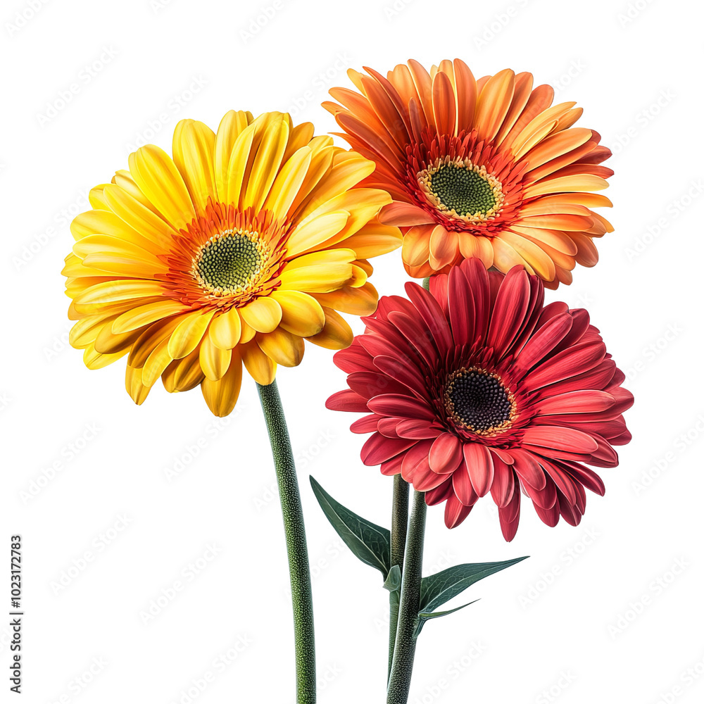 Colorful gerbera daisies, vibrant petals, white isolate background Colorful gerbera daisies, vibrant petals, white isolate background