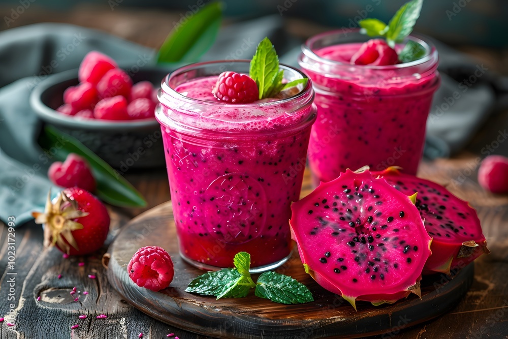 Refreshing Dragon Fruit and Raspberry Smoothie in Jars Refreshing Dragon Fruit and Raspberry Smoothie in Jars