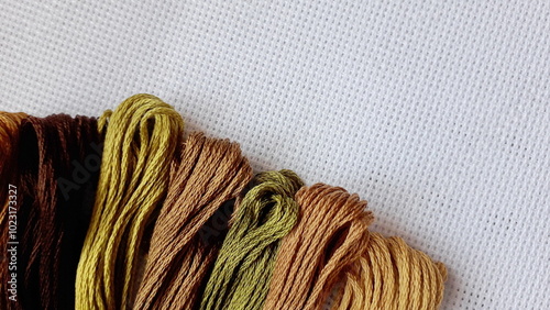 Multicolored threads, floss and canvas. Materials for cross stitch and satin stitch. Hobbies.