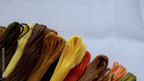 Multicolored threads, floss and canvas. Materials for cross stitch and satin stitch. Hobbies.