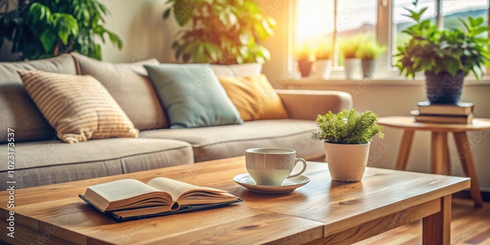 Cozy living room scene with coffee, book, and plant on wooden table, perfect for relaxation and reading, relaxing, cozy Cozy living room scene with coffee, book, and plant on wooden table, perfect for relaxation and reading, relaxing, cozy
