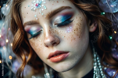 Close-up of a girl's face with festive makeup and sequins. The image gives her a fabulous and mystical look. The concept of New Year's Eve or birthday.