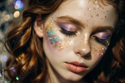 Close-up of a girl's face with festive makeup and sequins. The image gives her a fabulous and mystical look. The concept of New Year's Eve or birthday.