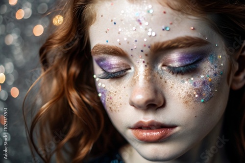 Close-up of a girl's face with festive makeup and sequins. The image gives her a fabulous and mystical look. The concept of New Year's Eve or birthday.