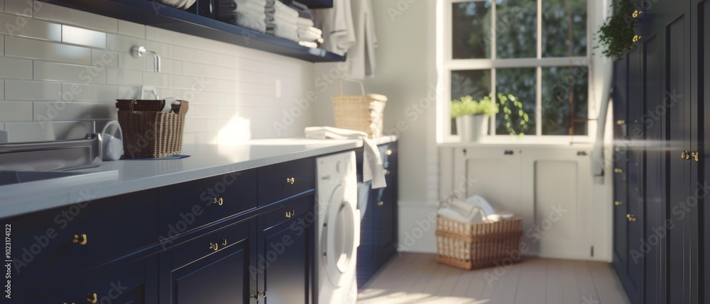 A sunlit laundry room adorned with dark cabinets, a large window, and plants reflects airy tranquility and domestic charm. A sunlit laundry room adorned with dark cabinets, a large window, and plants reflects airy tranquility and domestic charm.