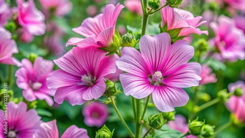 Fototapeta Naklejka Na Ścianę i Meble -  Pink flowers of musk-mallow in a naturalistic garden, musk-mallow, pink, flowers, garden, nature, plant, blooming, outdoors