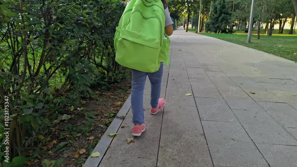 Rear view of young girl walking on park path with green backpack and pink sneakers