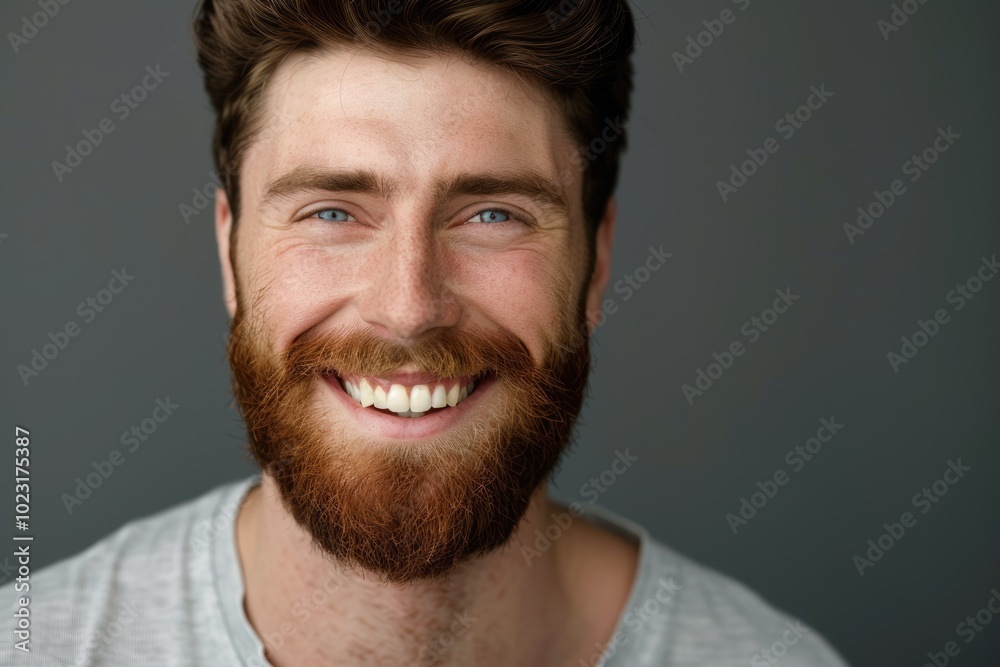 Obraz premium Close up of smiling bearded student on gray background.