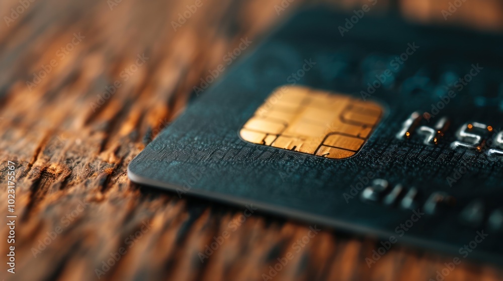 A close-up of a black payment card with a gold chip, resting on a textured wooden surface, showcasing details and softness in focus.
