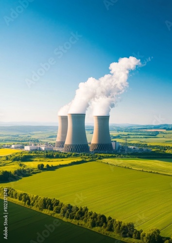 Aerial view of modern nuclear power plant with cooling towers emitting steam against clear blue sky, surrounded by lush green fields, symbolizing clean energy and environmental balance. 