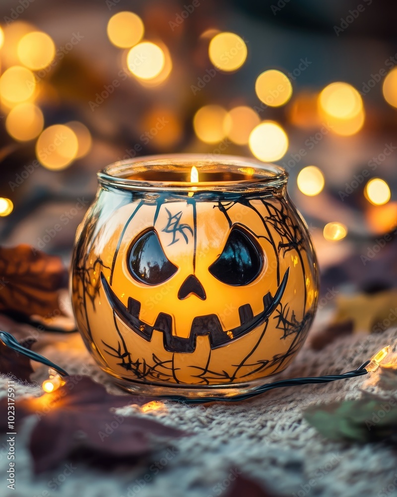 glass candle holder with Jack head against a background of lights and leaves glass candle holder with Jack head against a background of lights and leaves