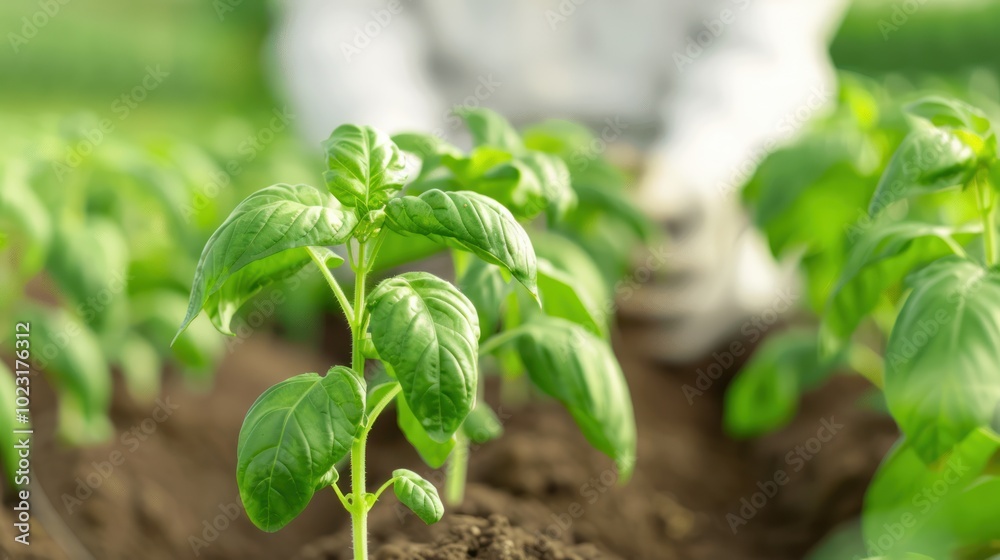 A close-up of green basil plants growing in soil, tended by a gardener, showcasing healthy agricultural practices. A close-up of green basil plants growing in soil, tended by a gardener, showcasing healthy agricultural practices.