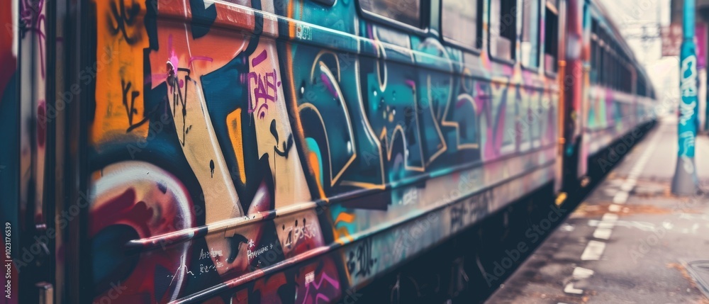 Obraz premium Vibrant graffiti covers a train, adding a burst of color and urban art to a quiet station platform, symbolizing expression and city life.