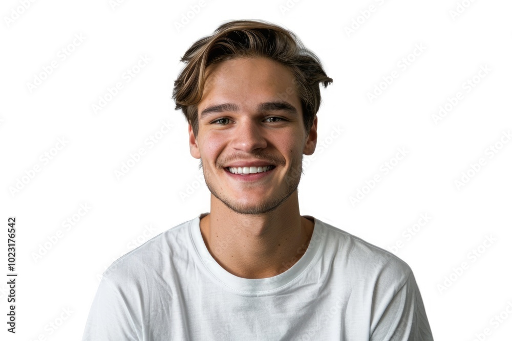 Smiling young man in white t shirt on white background. Smiling young man in white t shirt on white background.