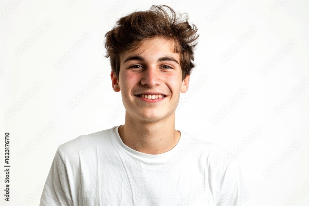 Smiling young man in white t shirt on white background.