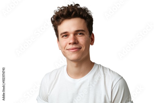 Smiling young man in white t shirt on white background.