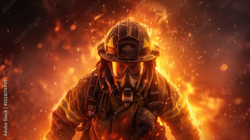A brave firefighter emerges from flames, wearing protective gear, showcasing courage and resilience in a dramatic, fiery backdrop. A brave firefighter emerges from flames, wearing protective gear, showcasing courage and resilience in a dramatic, fiery backdrop.