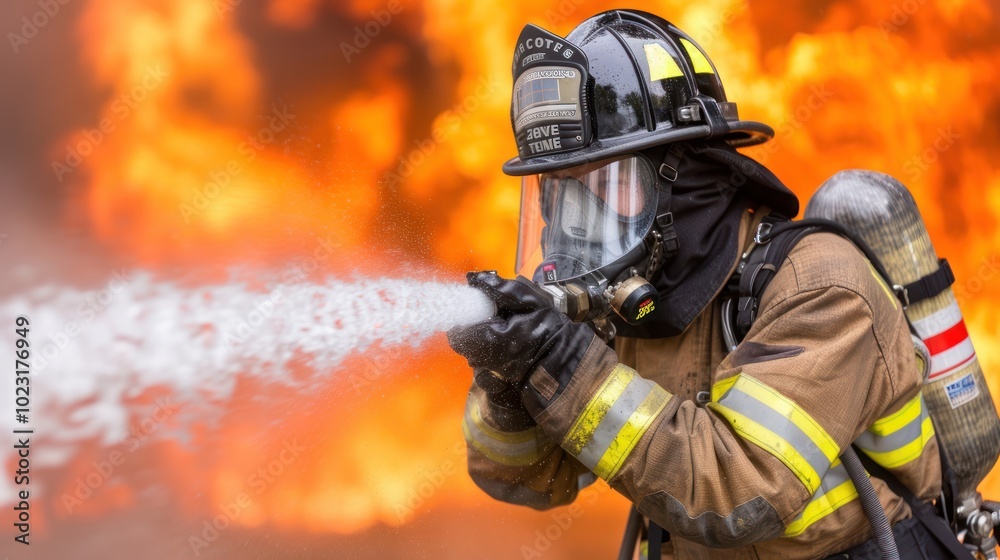 A firefighter sprays water to extinguish a blaze, showcasing bravery and commitment to public safety in a dramatic, fiery backdrop. A firefighter sprays water to extinguish a blaze, showcasing bravery and commitment to public safety in a dramatic, fiery backdrop.
