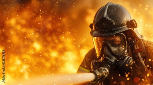 A firefighter battling flames while wielding a hose, demonstrating bravery in a fiery scene filled with smoke and sparks.