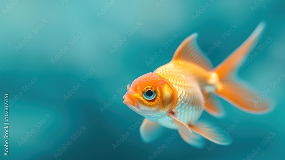 A vibrant goldfish swimming gracefully in clear blue water, showcasing its striking orange and white color against a tranquil aquatic background. A vibrant goldfish swimming gracefully in clear blue water, showcasing its striking orange and white color against a tranquil aquatic background.