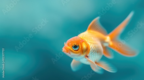 A vibrant goldfish swimming gracefully in clear blue water, showcasing its striking orange and white color against a tranquil aquatic background.